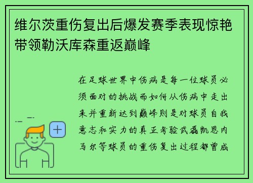 维尔茨重伤复出后爆发赛季表现惊艳带领勒沃库森重返巅峰