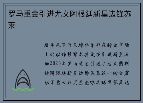罗马重金引进尤文阿根廷新星边锋苏莱