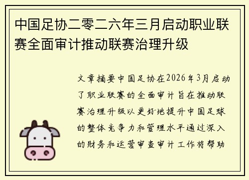 中国足协二零二六年三月启动职业联赛全面审计推动联赛治理升级